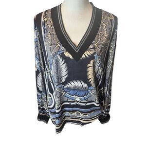 Hale Bob Multi Color Feather V-Neck Blouse Designer Sz Large